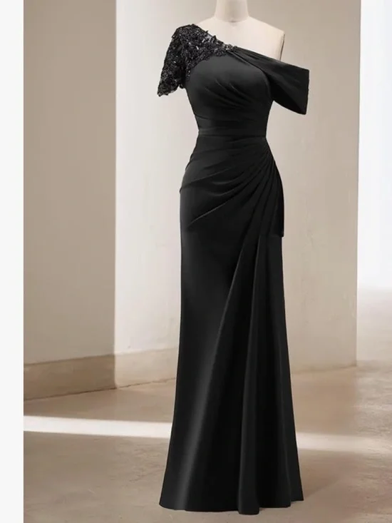 One Shoulder Mother of the Bride Formal Mermaid Dress Black Satin Wedding Guest - Picture 3 of 11